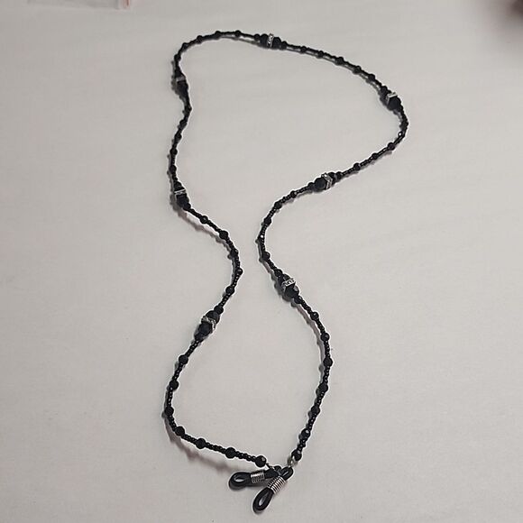 Black Beaded Eyeglass Chain with Clear Crystal Rhinestones - Picture 1 of 3
